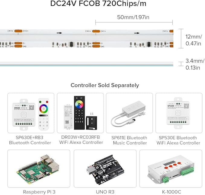 BTF-LIGHTING FCOB WS2811 IC RGB COB LED Strip DC24V 720LED/m Flexible High Density Uniform Chasing Color Light 2X16.4FT Total 32.8FT 20IC/m 12mm Width(No Adapter or Controller)