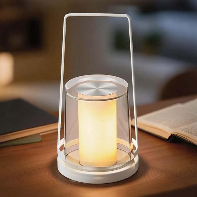 White Touch Bedside Lamp with Soothing Candlelight Mode - Rechargeable, Dimmable Night Light, Tap for Gentle Flame & Sparkle Effect, for Nursery, Bedroom Relaxation, Gifts