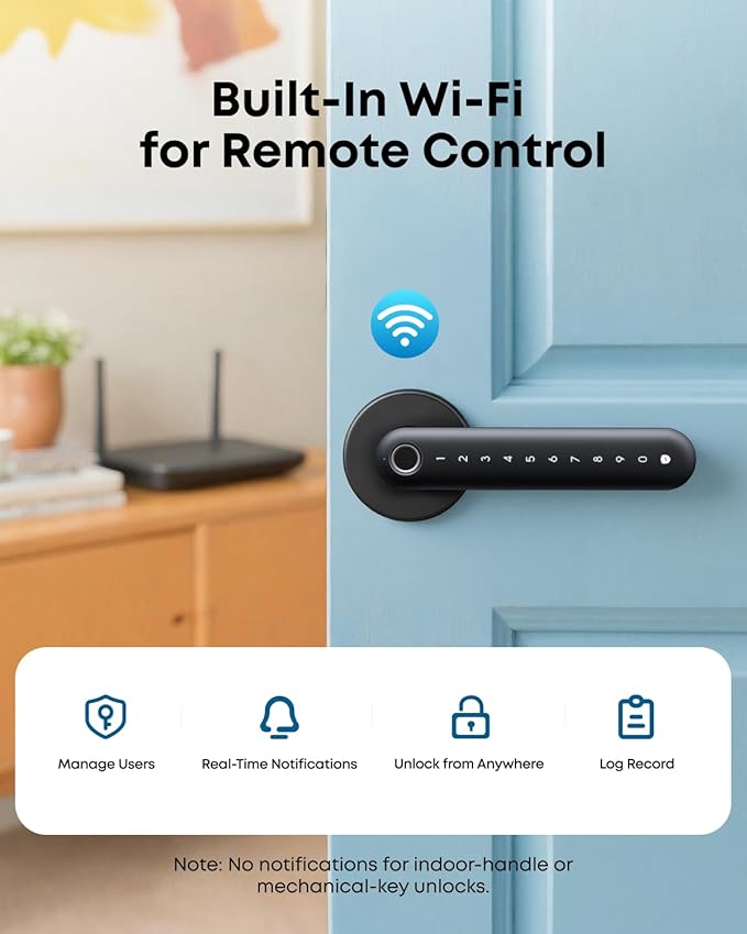 eufy Security Smart Lock FamiLock C32, Fingerprint Keyless Entry Door Lock with Handle for Interior Doors, Built-in Wi-Fi (2.4 GHz Only), App Control, Auto Lock, 4 AA Batteries, Alexa/Google