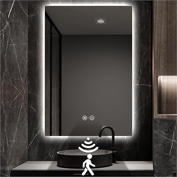 Backlit LED Bathroom Mirror, Infrared Motion Sensor Vanity Mirror with 3-Color Lights, Stepless Dimmable Wall Lighted Mirror with Anti-Fog, Memory, Rectangular (36" H x 24" W)