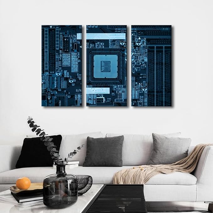 TUMOVO 3 Panels Technology Wall Decor Modern GPU Card with Circuit and Colorful Lights Office Decor CPU Concept Pictures Black and White Wall Art Posters and Prints Framed Ready to Hang(24" Wx36 H)