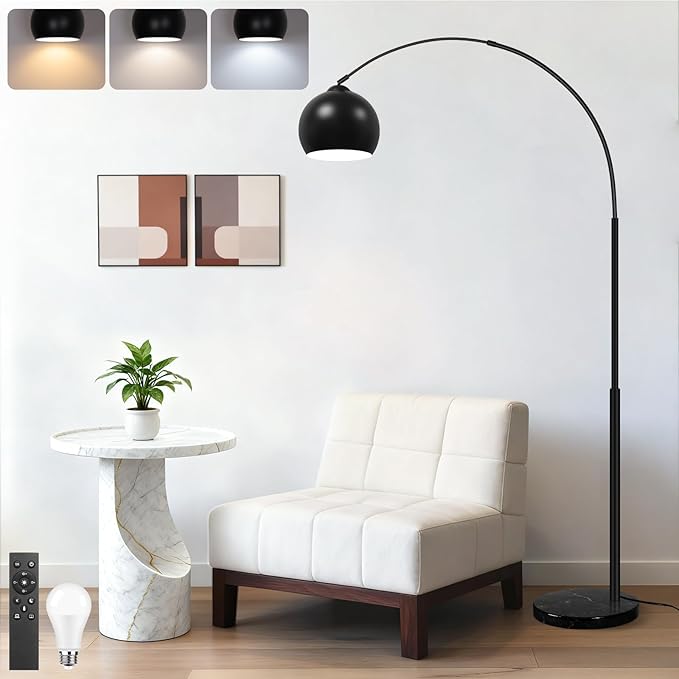 77” Arc Floor Lamp for Living Room, Upgraded Black Standing Lamp with Remote, 3 Color Temperatures&Brightness Adjustable, Arched Floor lamp for Bedroom, Office, Mid Century Modern Decor, Bulb Included