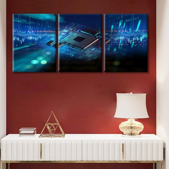 TUMOVO Wall Decor CPU Concept Wall Art Abstract Futuristic PCB Pattern and CPU Artwork Pictures Wall Decor for Living Room 3 Piece Contemporary Home Decor Print on Canvas Ready to Hang (36" Wx16 H)
