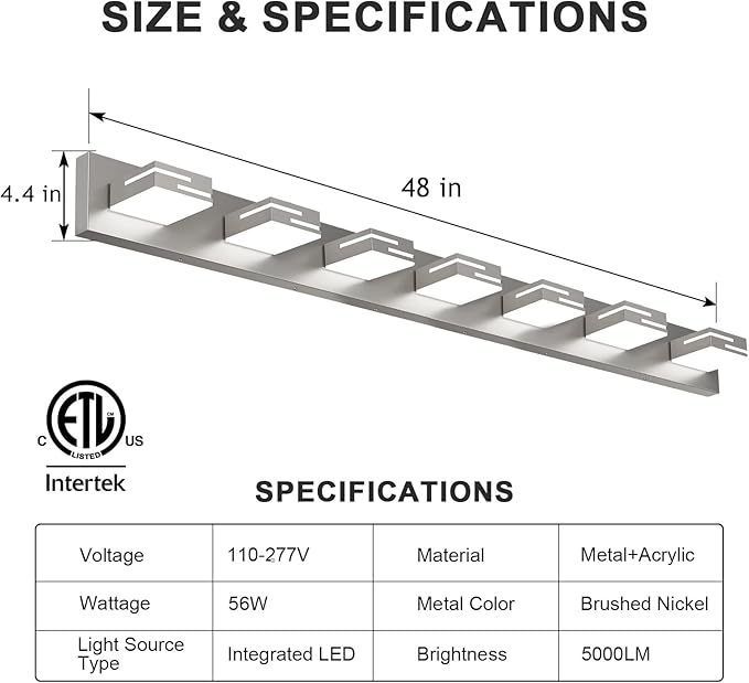 LED Modern Bathroom Vanity Light Fixtures, 7-Light 48-inch Dimmable Brushed Nickel Vanity Lights for Bathroom Lighting Fixtures Over Mirror, with 350° Rotatable Acrylic Heads (Cool White 6000K)