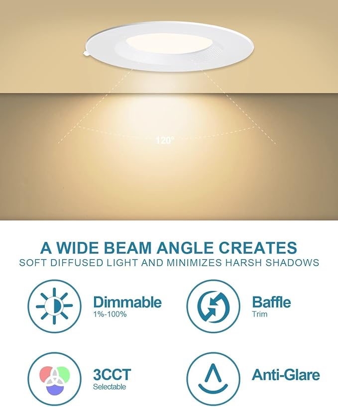 Lightdot 6 Inch Recessed Lighting 24 Pack White, 12W Dimmable LED Downlight 3CCT Selectable (3000K/4000K/5000K), Anti-Glare Slim Canless Ceiling Light