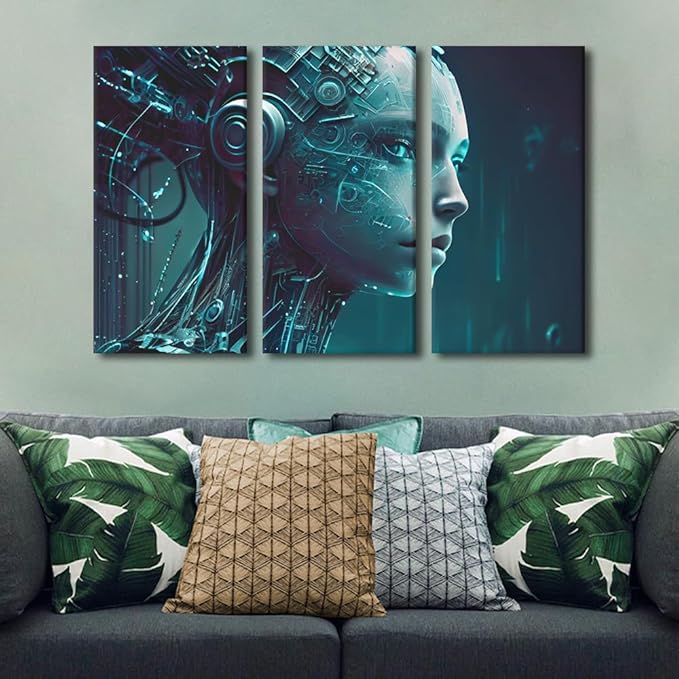 TUMOVO Wall Art for Living Room Artificial Intelligence Pictures Print on Canvas 3 Piece Cutting-Edge Technology Canvas Wall Decoration Giclee Artwork Wooden Framed Ready to Hang, 60" Wx40 H