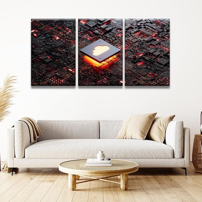 LSIUHWUWI 3 Panel Modern Wall Art CPU Cloud Computing Pictures Print on Canvas Wall Art for Bedroom Living Room Home Office Wall Decorations Framed Ready to Hang 16x24inchx3