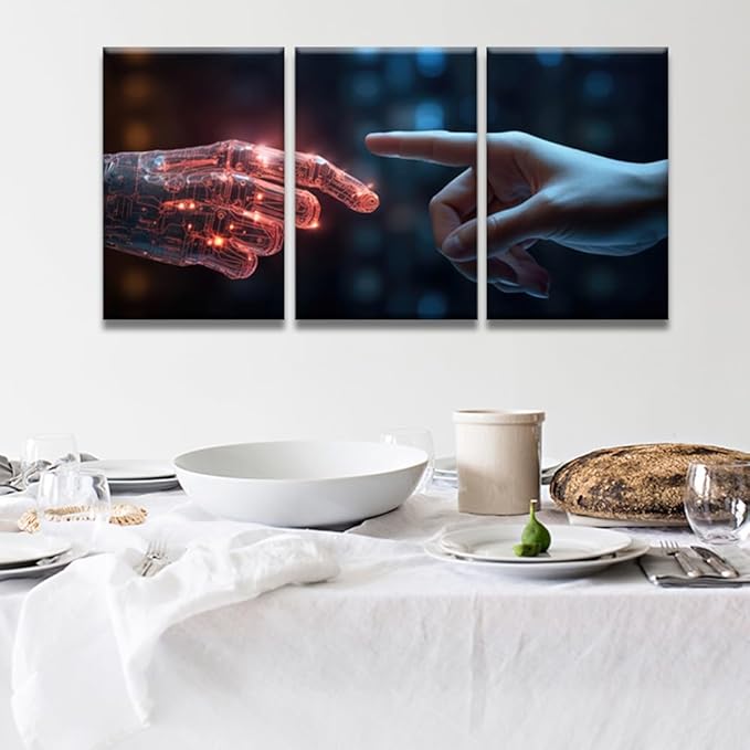 LSIUHWUWI Wall Art Painting Artificial Intelligence,The Human Finger touches the Robot's Finger Pictures Print on Canvas 3 Panel Canvas Wall Art Framed Ready to Hang 16x24inchx3