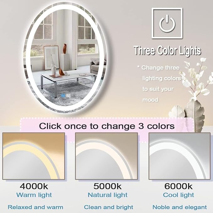 28 x 36 Inch Oval LED Vanity Mirror with Lights 3 Color Dimmable Memory Front Back Light 36 Oval Lighted Mirror for Bathroom Makeup Salon Wall Mount AntiFog 36in Ovals Smart Light up Mirrors