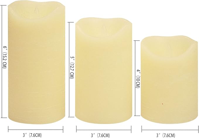 CANDLE CHOICE Battery Operated Flameless Candles with Timer Real Wax Realistic Flickering Electric LED Pillars Automatic Built-in Daily Cycle Timer 6-Hour on 18-Hour Off Set of 3 Rustic Texture Ivory