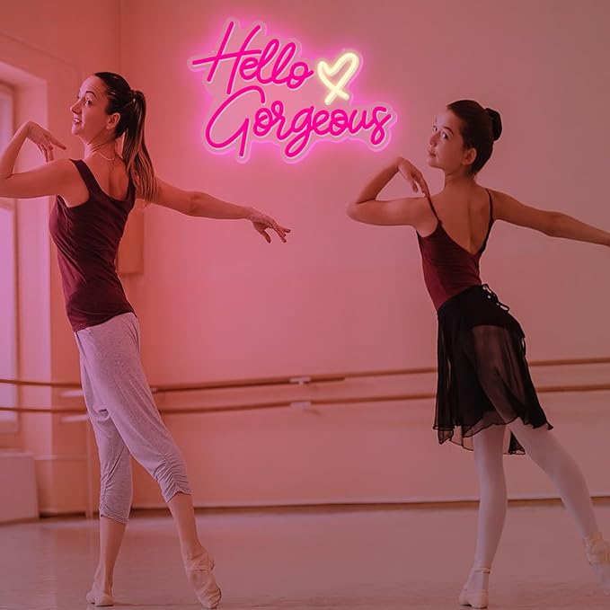 Hello Gorgeous Neon sign Pink LED Neon letters Heart decorative wall lights Girl Room Wedding anniversary Engagement birthday Party decoration with USB power supply (5V,16.5X11inches)