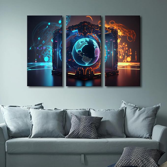TUMOVO Modern Wall Decor Artificial Intelligence Wall Art 3 Piece Future Energy Power Technology and Internet Connection Canvas Printing Art for Bedroom Living Room Wall Decoration, 42" Wx28 H
