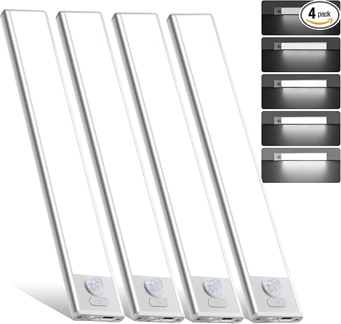 12inch Under Cabinet Lighting, 4 Pack Rechargeable Motion Sensor Light Indoor, Wireless Dimmable Magnetic Closet Lights, 50 LED Under Counter Lights for Kitchen, Wardrobe, Stairs, White Light
