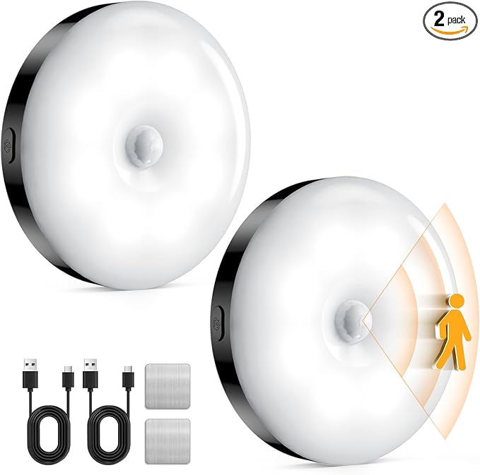 Motion Sensor Night Light Rechargeable, Magnetic Puck Lights, 3 Modes & Dimmable, Motion Sensor Stair Lights Indoor for Bedroom Bathroom Kitchen Hallway Cruise (White Light)