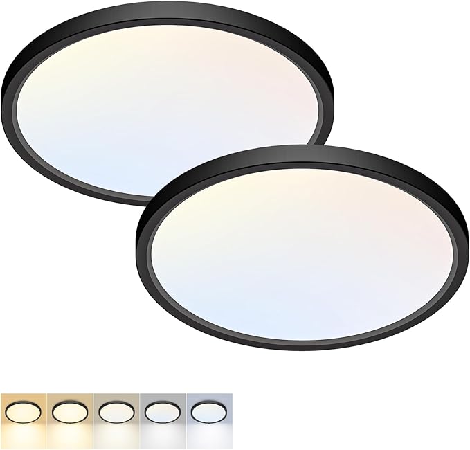 2 Pack LED Flush Mount Ceiling Light,7Inch 15W,3000K/3500K/4000K/5000K/6500K 5 Color Temperatures Ceiling Light Fixture for Kitchen Porch Hallway Bedroom Bathroom and Closet,Black