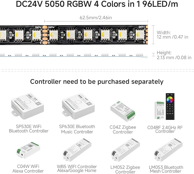 BTF-LIGHTING 5050 RGBW RGB+Cool White(6000K-7000K) 4 Colors in 1 LED 5m 16.4ft 96LED/m DC24V Multi-Colored LED Tape Lights IP65 Waterproof Black 12mm PCB for Home Decoration(No Adapter or Controller)