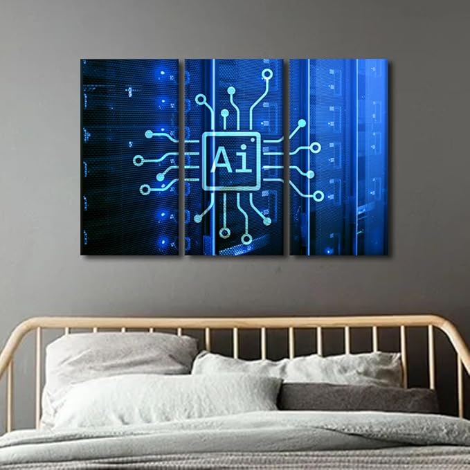 3 Pieces AI Wall Art AI Intelligence Artwork Wall Decor Canvas Wall Art Framed Wall Art Automation Prints on Canvas Wall Paintings AI Posters Home Office Room Wall Decor, 42" Wx28 H