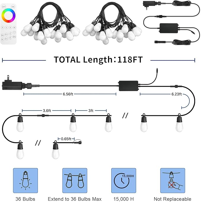 Outdoor String Lights 118FT（59FT*2 RGB +IC Color Changing Smart Patio Lights with Timer Remote &APP Control,IP65 Waterproof Shatterproof LED Lights for Backyard Balcony Garden Party Decor