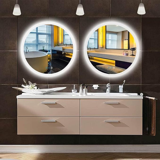 24 Inch Round Lighted Vanity Mirror with Lights Smart Memory Anti-Fog Adjustable Brightness 3 Color Backlight 24" Frameless LED Circle Round Backlit Mirror for Bathroom Hotle Wall Mounted