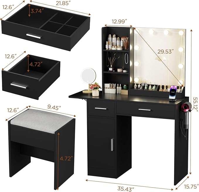 Vanity Desk with Mirror and Lights, 43.3" Makeup Desk with Stool and Power Outlet, 5 Drawers and Open Shelves Make Up Table for Bedroom, Black