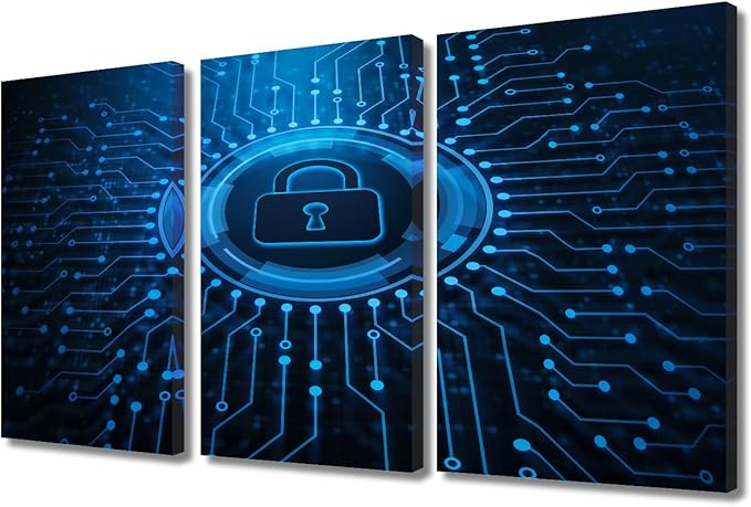3 Pieces AI Intelligence Wall Art Lock Picture Prints on Canvas Giclee Artwork Wall Decor Security Lock Symbol Framed Art Prints Modern Home Office Room Wall Decor Stretched Ready to Hang, 36" Wx24 H