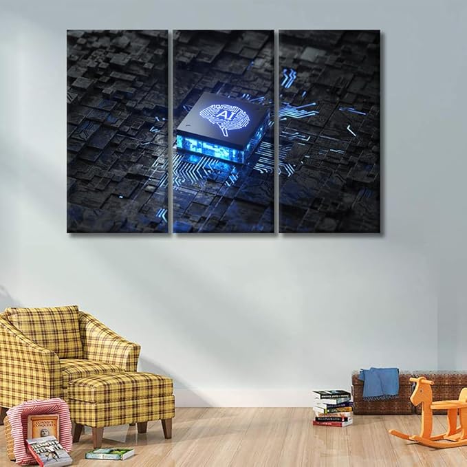 LSIUHWUWI AI Artificial Intelligence Concept Wall Art 3 Panel Modern Canvas Print Art for Living Room Bedroom Decoration,Artwork for Home Wall Decoration Framed Ready to Hang, 20x40inchx3