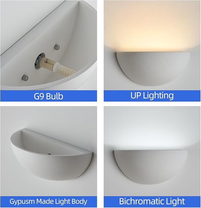 Repaintable Hardwired Wall Sconce, Minimalist Half-Sphere Gypsum Wall Light Fixture, Pure White Wall Mounted Lamp, Classic G9 Bulb Walls Lighting for Bedroom, Living Room, Hallway Decor