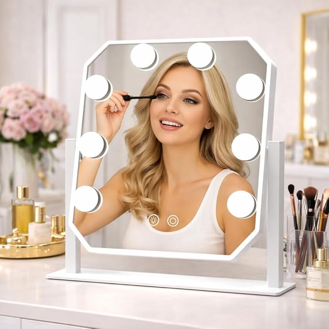 Hollywood Vanity Mirror with Lights, 3 Color Modes LED Bulbs, 5X Detachable Magnifying Mirror, Smart Touch Control, Tabletop Makeup Mirror for Bedroom & Dressing Room, for Her (White)