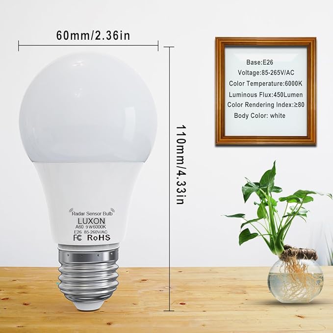 LUXON Radar Motion Sensor Light Bulbs,Dusk to Dawn LED Bulbs 9W 6000K Cool White,A19 E26 Base Night Lights Auto On/Off for Indoor Outdoor Basements, Porch,Courtyards, Garage Pack of 2