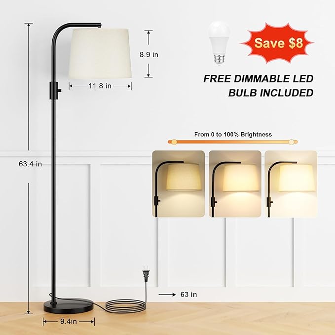 Ambimall 𝐅𝐮𝐥𝐥𝐲 𝐃𝐢𝐦𝐦𝐚𝐛𝐥𝐞 Floor Lamp - Floor Lamps with 9W 𝐋𝐄𝐃 Bulb, Standing Lamps for Living Room with Adjust Head, Modern Standing Tall Light Rotary Switch for Office