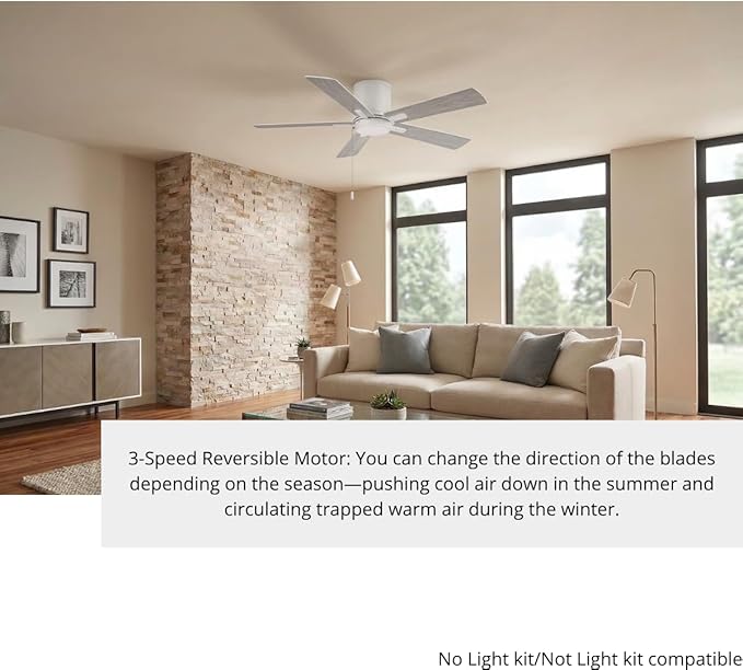 LYTIO Grantway 48 in. Indoor/Covered Outdoor Matte White Low Profile Ceiling Fan Without Light with Pull Chain Included