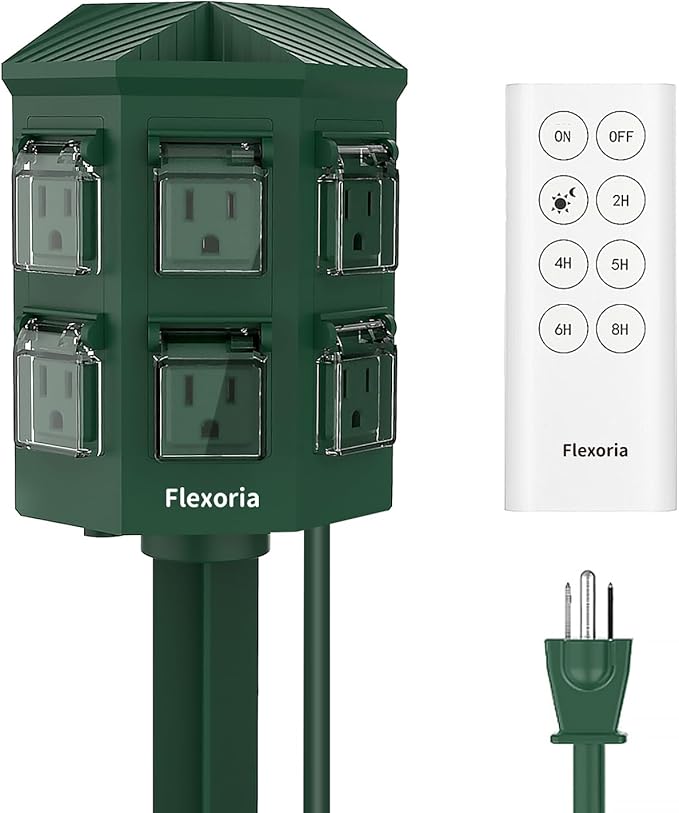 Outdoor Power Stake Timer, Remote Control Dusk to Dawn Light Timer, 6FT Extension Cord Waterproof, 6 Grounded Outlets for Graden and Yard Decorations, ETL Listed (6 FT)