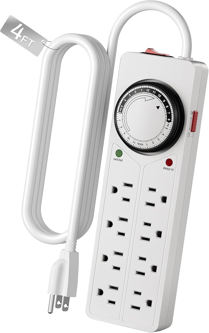 BN-LINK 8 Outlet Surge Protector with Mechanical Timer, 4 Timed & 4 Always-On Outlets, ETL Listed, 4ft Cord, 1875W, for Aquarium, Grow Lights, Christmas Decor, White