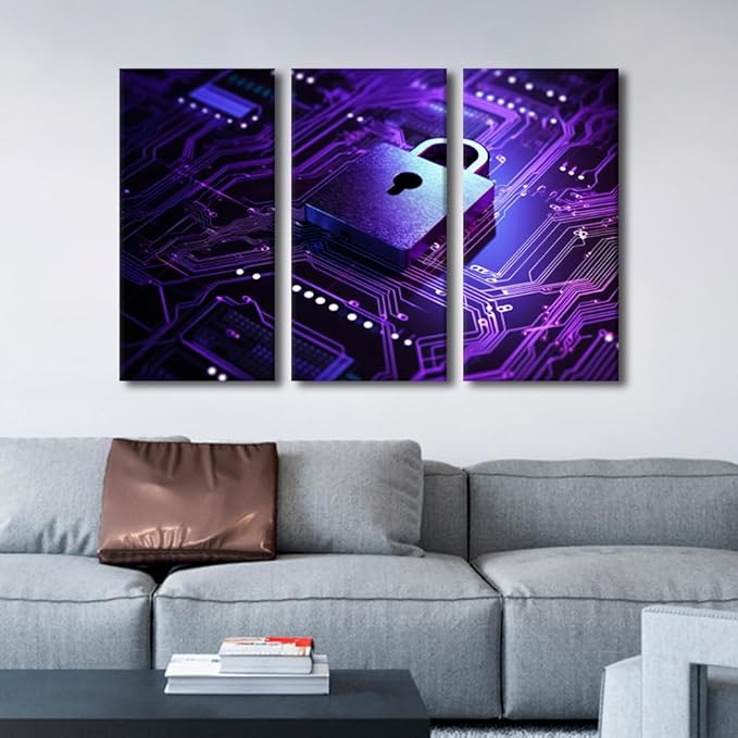 3 Panel Framed Wall Art Cyber Security Concept Posters Prints, Cyber Security and Data Protection Concept Artwork Giclee Wooden Framed Gallery-Wrapped Ready to Hang, 42" Wx28 H