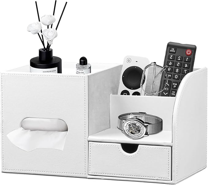 Leather Nightstand Organizer with Tissue Holder,White Square Tissue Box Cover with Organizer, Decorative Modern Facial Paper Storage Box for Bathroom Living Room Vanity Table Countertop Office