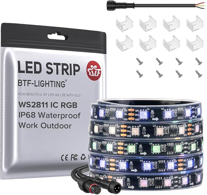BTF-LIGHTING IP68 Waterproof Outdoor WS2811 RGB IC LED Strip Addressable Dream Color Flexible 5050SMD Light DC12V 16.4ft 60LEDs/m 20Pixels/m Can Work Outdoor Black PCB(No Adapter or Controller)