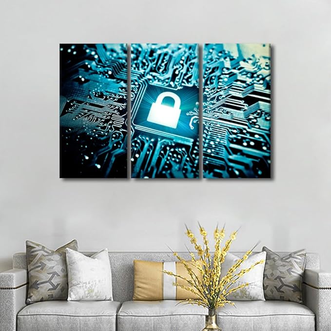 AI Intelligence Wall Art Canvas Painting Security Lock Symbol Wall Art Artwork for Home Walls AI Wall Art 3 Pieces Framed Wall Art Home Office Room Wall Decor Framed Ready to Hang, 42" Wx28 H