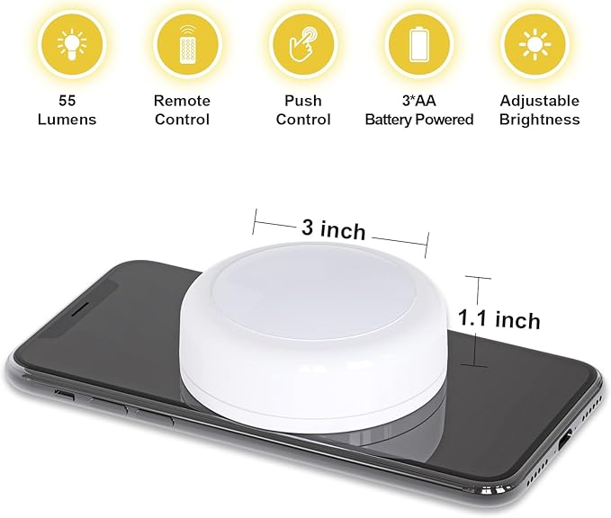 Battery Operated Puck Litghts with Remote Warm Natual Cool White Three Color Wireless Under Cabinet Lighting Push Lights Stick On Tap Lights with Dimmer & Timmer for Bedroom, Closet