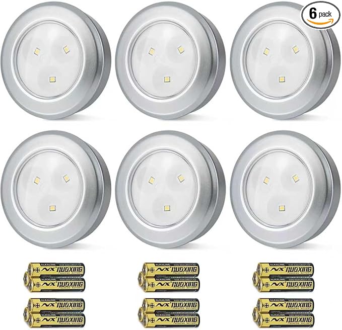 Wireless LED Puck Lights, Touch Activated Tap Ligh Push Light,Battery Operated Stick On Lights for Under Cabinet, Kitchen, Closet & Counters, 6-Pack,Silver (3 AAA Batteries Included)