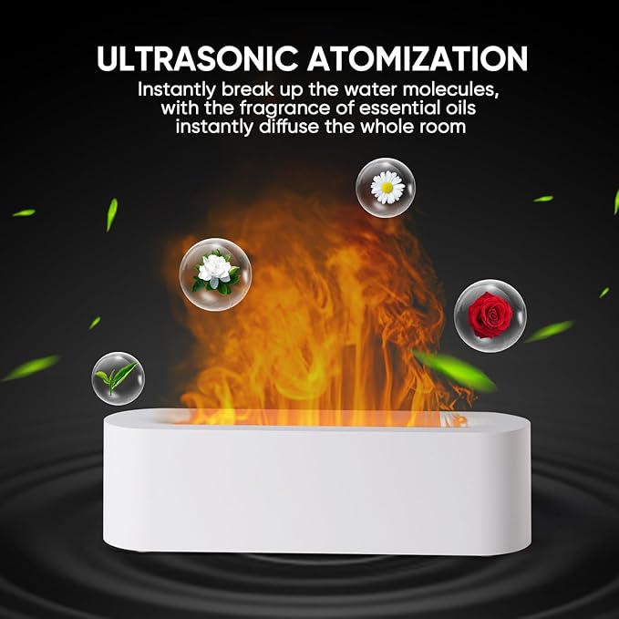 Essential Oil Diffuser, Fireplace Flame Fire Oil Diffuser, 150ml Ultrasonic Cool Mist Aromatherapy Humidifier, Scent Aroma Diffuser with 7 Colors Light, Timer & Auto-Off for Home, Room (White)