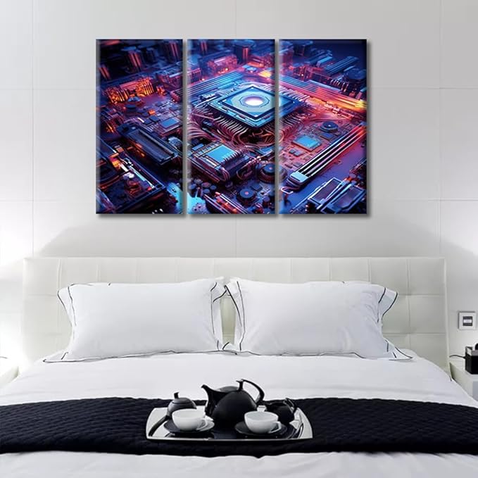 Circuit Board Pictures Canvas Wall Art Advanced Electronic Circuit Network Pictures Contemporary Wall Art 3 Pieces Chip Posters & Prints Framed Ready to Hang for Living Room Office (36"Wx24"H)