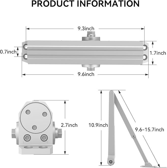 Automatic Door Closer Heavy Duty Hydraulic Aluminum Alloy Surface Mounted Home Door Closer Commerical UL 3-Hour Fire Rating ANSI Grade 1 Adjustable Speed Spring Size 2-5 Door Weight 44-330 Lbs
