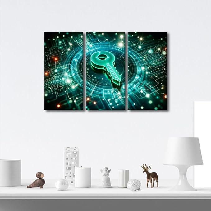 TUMOVO AI Wall Decor 3 Pieces Canvas Wall Art Key Icon on Digital Circuit Board Background Pictures for Home Hotel Wall Decoration, Artificial Intelligence Artwork Ready to Hang, 36" Wx24 H