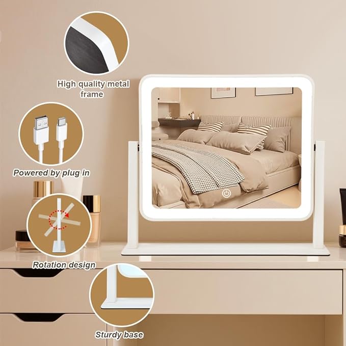 Rechargeable Vanity Mirror with Lights,14"x12"LED Lighted Makeup Mirror,Large Makeup Mirror with Lights,Touch Screen with 3-Color Lighting,Dimmable,for Vanity Desk Tabletop,Bedroom