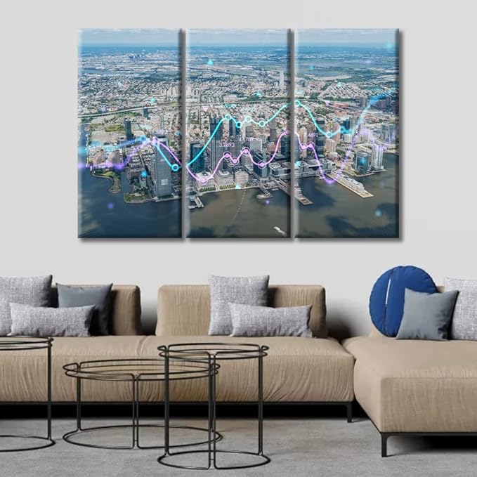 TUMOVO New Jersey City Financial Downtown Skyscrapers Canvas Wall Art 3 Panel Forex Graph Hologram Painting Artwork Black and White Wall Art Print on Canvas Framed Ready to Hang (60" Wx40 H)