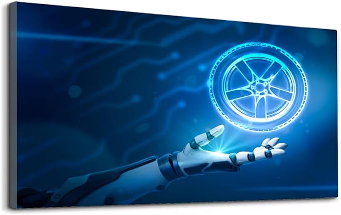Wibinuki Wall Art Wall Decor Wall Paintings Robotic hand car wheel tyre on neon blue for Living Room Bedroom Bathroom Home Decor Can Be Hung Directly 20"x 40"