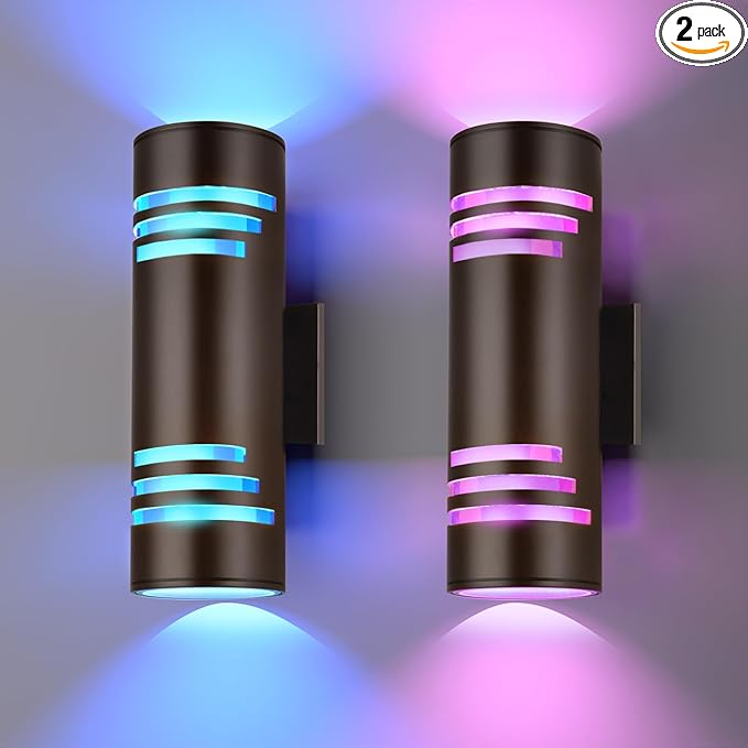 Smart WiFi Outdoor Wall Lights Exterior 2 Pack, Up and Down Porch Lights Ambience Color Changing, Bronze Cylinder RGBCW LED Outdoor Wall Lamp for House Garage Porch, Outside Exterior Lights ETL Listed