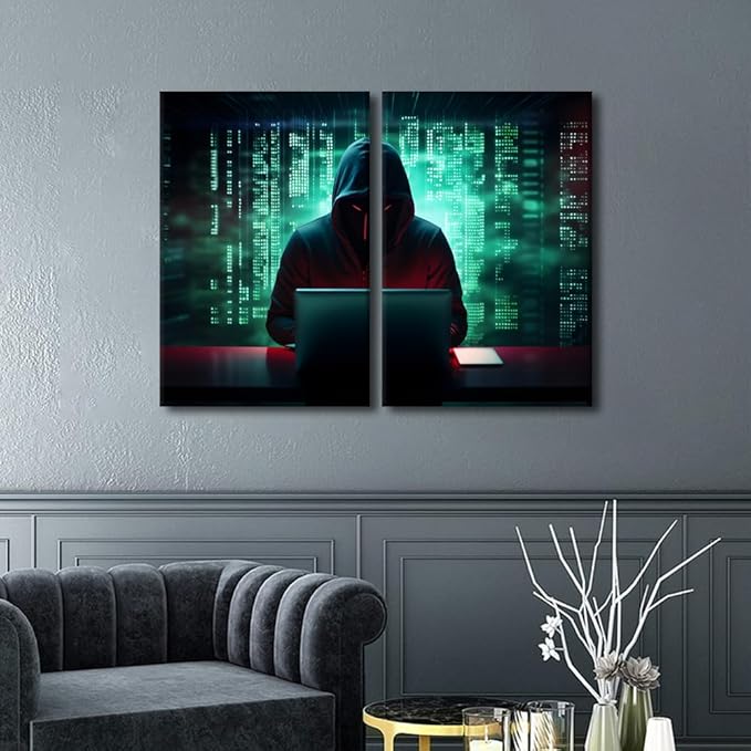 TUMOVO 3 Pieces Wall Decorations for Living Room Hacker Malware Home Decor AI Big Data Artwork Canvas Paitings House Art Posters and Prints Giclee Framed Ready to Hang, 24" Wx16 H