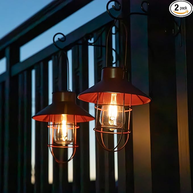 2 Pack Solar Lantern Hanging Waterproof Outdoor Metal Solar Lamp with Wall Hooks Warm White Light Decorate for Yard Garden Pathway Patio Porch Decor(Red)