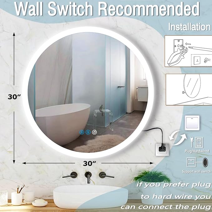 30 Inch Round Lighted Vanity Mirror with Lights Smart Memory Anti-Fog Adjustable Brightness 3 Color Backlight 30" Frameless LED Circle Round Backlit Mirror for Bathroom Hotle Wall Mounted